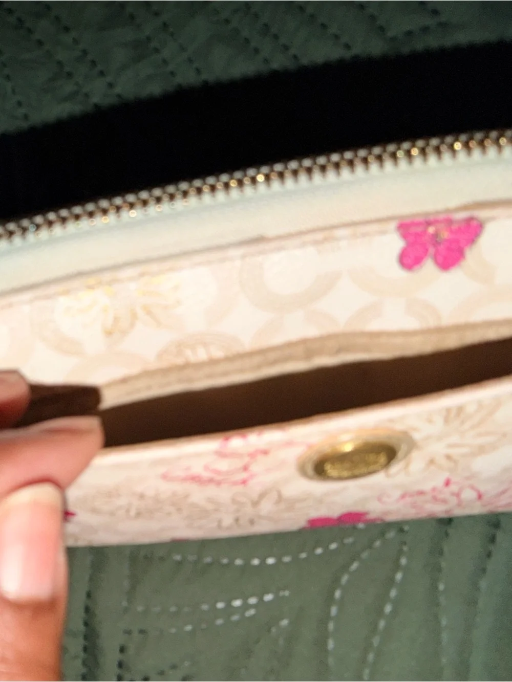 Coach Waverly Cream Signature Long Zip Wallet with Pink Floral Accents